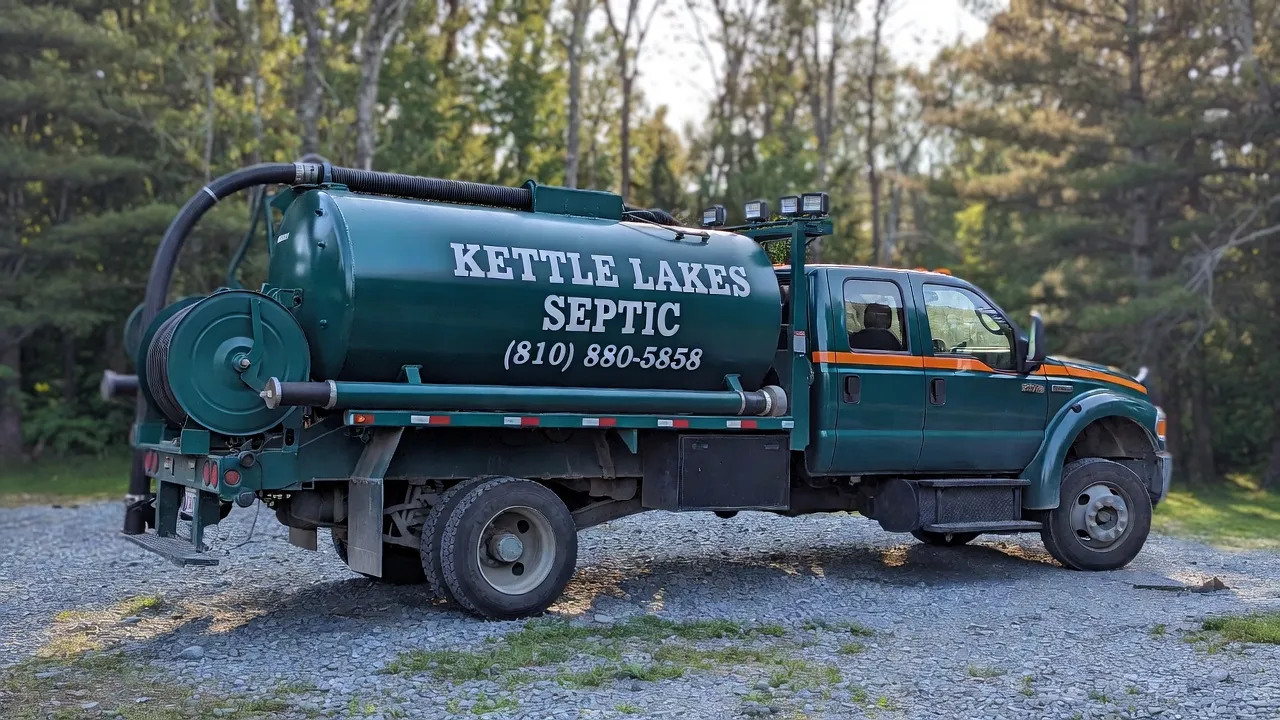 Septic pump truck working at a Livingston County home